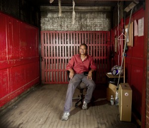 a man on a freight elevator